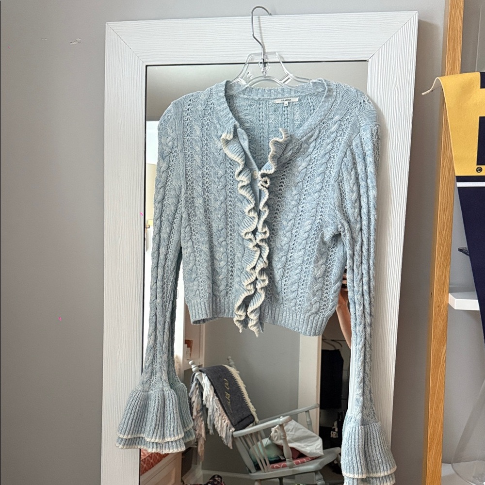 Tularosa Light Blue Cable Knit Ruffle Cardigan